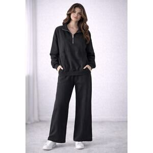 ANRABESS Black Fleece Quarter Zip Pullover Jogger Set Size L